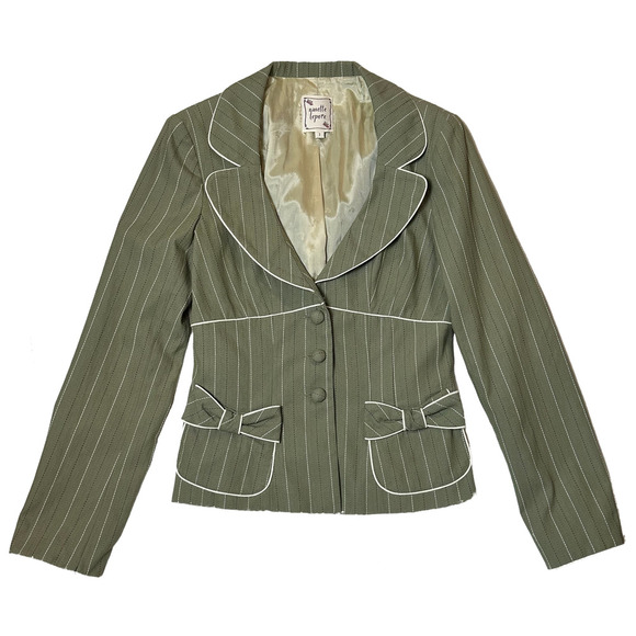 Nanette Lepore Vintage Pinstriped Green Blazer with Pockets and Bow detail  sz.2 - Picture 1 of 8